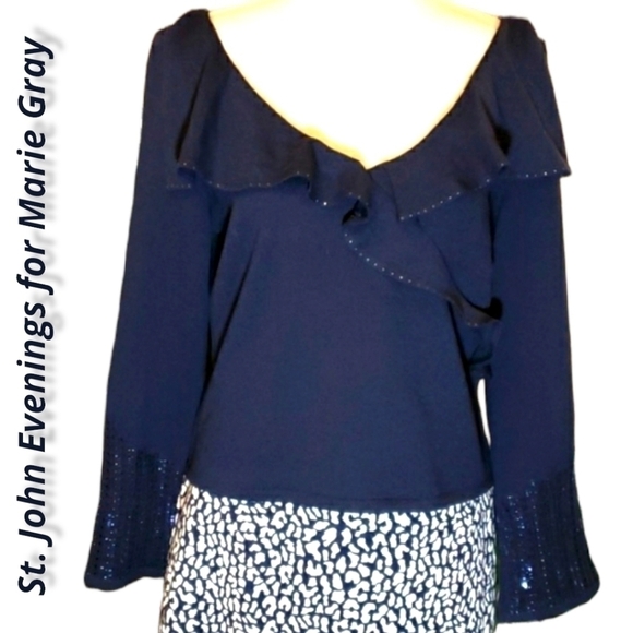 ST John Evenings by Marie Gray Sweater Top 8 Navy with Sequins - Picture 1 of 11